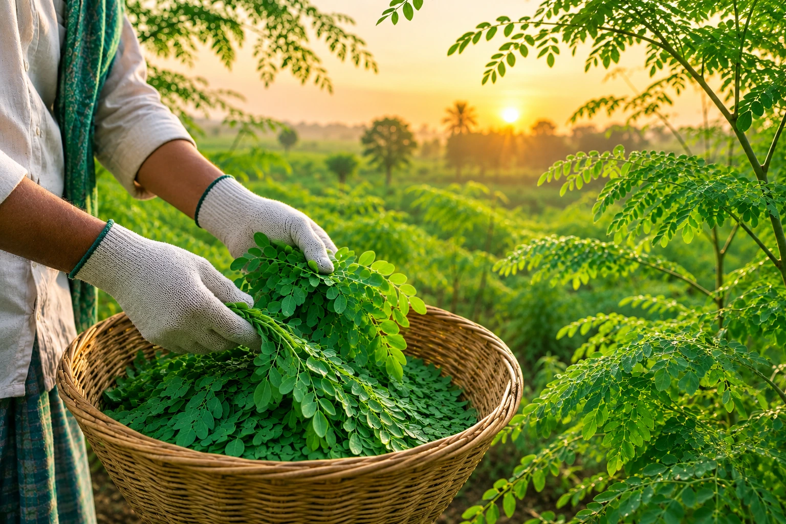 A farmer's hands harvesting fresh moringa leaves into a woven basket at sunrise